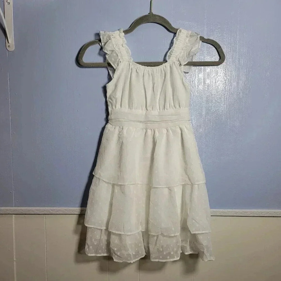 Byinns Size 120 White Square Neck Ruffle Sleeve Swiss Dot Pleated A Line Dress - Picture 1 of 12
